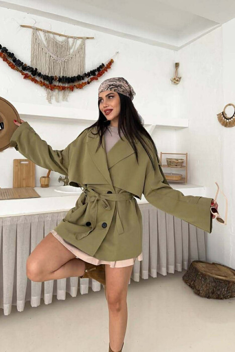 ONE COLOR BELT DETAIL WOMAN TRENCH COAT LIGHT GREEN/JEZB - 9