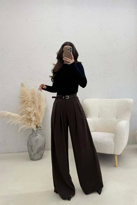 ONE COLOR BELT DETAIL WOMAN TROUSERS BROWN/KAFE - 3