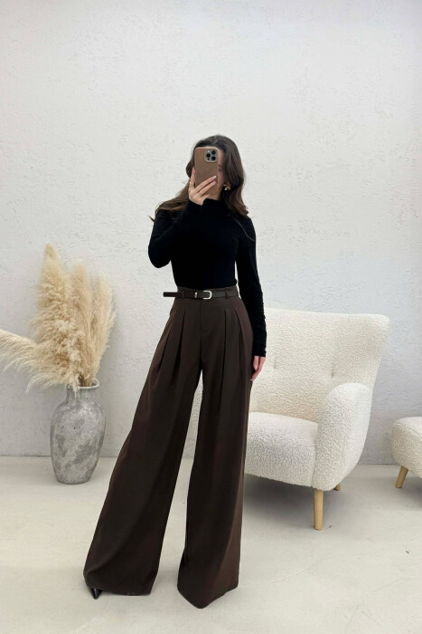 ONE COLOR BELT DETAIL WOMAN TROUSERS BROWN/KAFE - 5