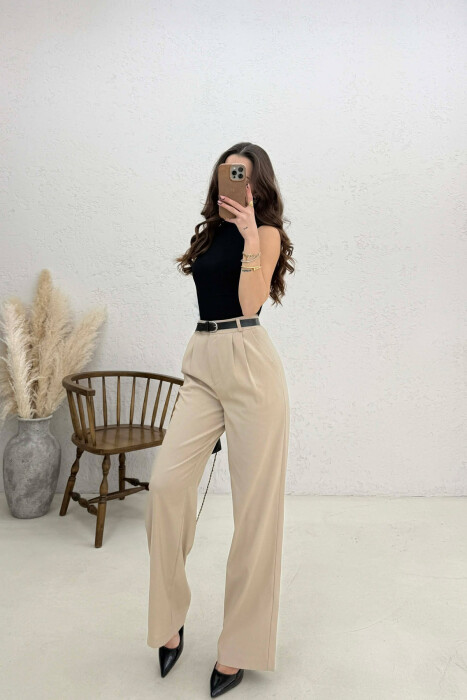 ONE COLOR BELT DETAIL WOMAN TROUSERS BEIGE/BEZHE - 1
