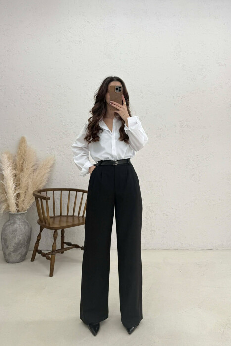 ONE COLOR BELT DETAIL WOMAN TROUSERS BLACK/ E ZEZE 