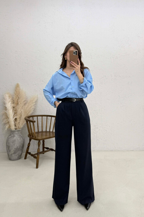 ONE COLOR BELT DETAIL WOMAN TROUSERS BLUE/BLU 