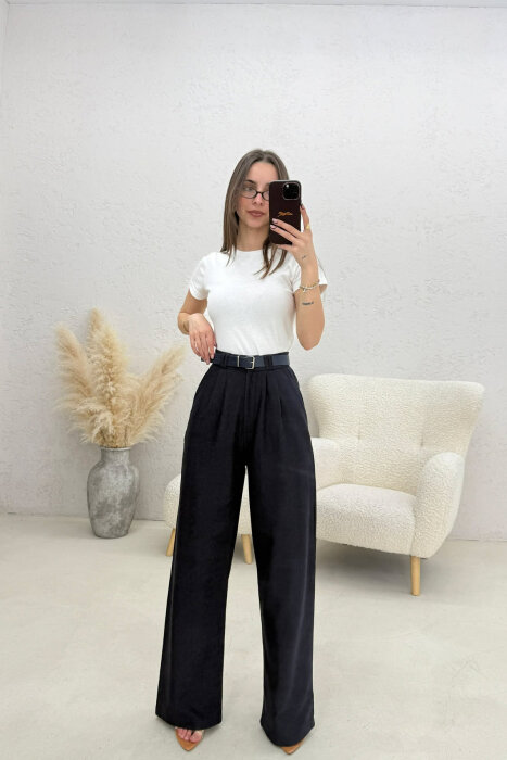 ONE COLOR BELT DETAIL WOMAN TROUSERS BLUE/BLU - KLAUDIO FASHION