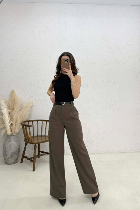 ONE COLOR BELT DETAIL WOMAN TROUSERS BROWN/KAFE - KLAUDIO FASHION