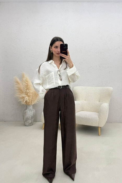 ONE COLOR BELT DETAIL WOMAN TROUSERS BROWN/KAFE - 
