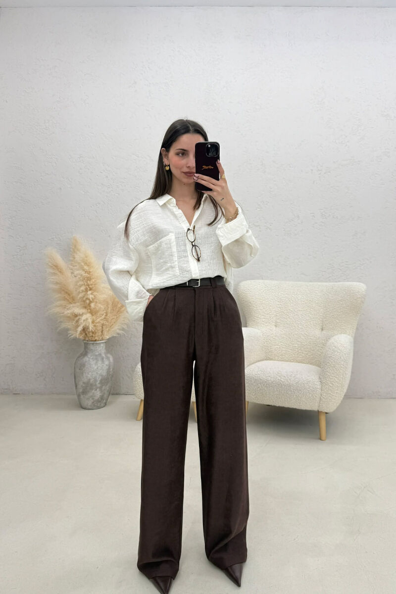 ONE COLOR BELT DETAIL WOMAN TROUSERS BROWN/KAFE - 1