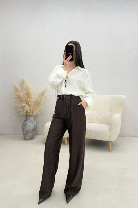 ONE COLOR BELT DETAIL WOMAN TROUSERS BROWN/KAFE - 4