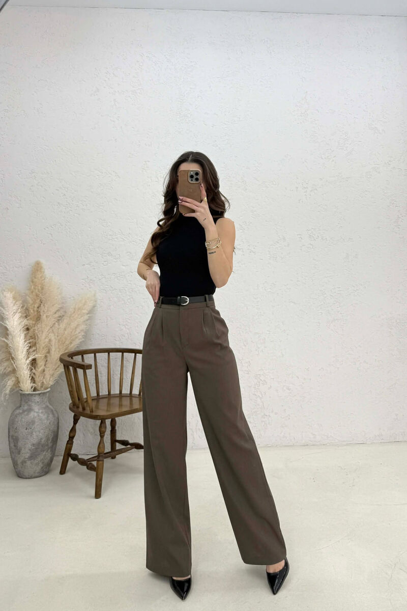 ONE COLOR BELT DETAIL WOMAN TROUSERS BROWN/KAFE - 1