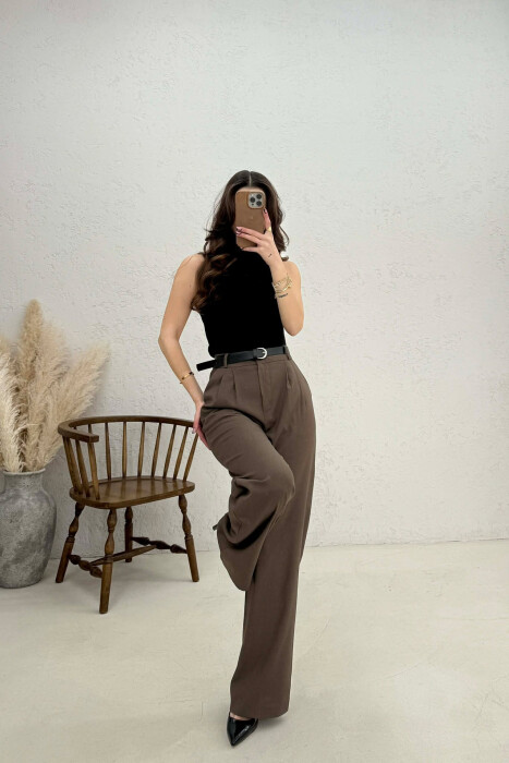 ONE COLOR BELT DETAIL WOMAN TROUSERS BROWN/KAFE - 4
