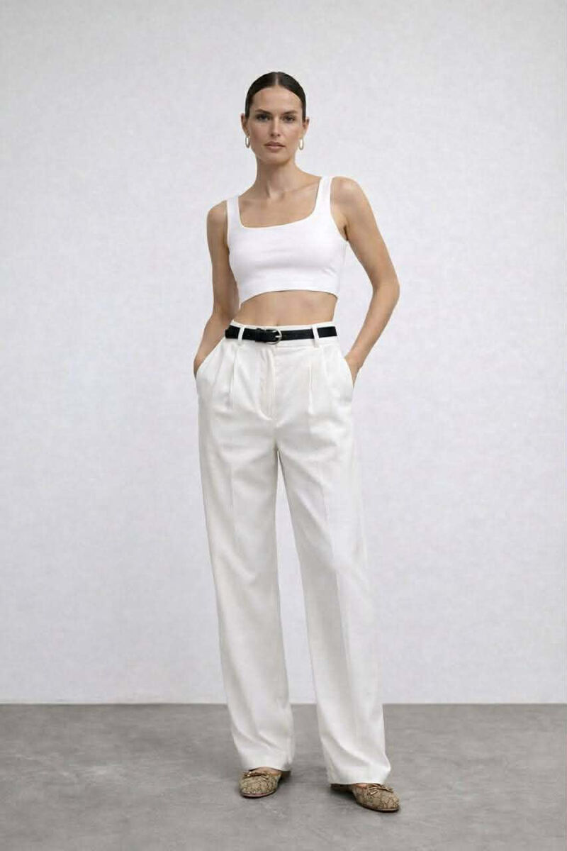 ONE COLOR BELT DETAIL WOMAN TROUSERS WHITE-E BARDHE - 1