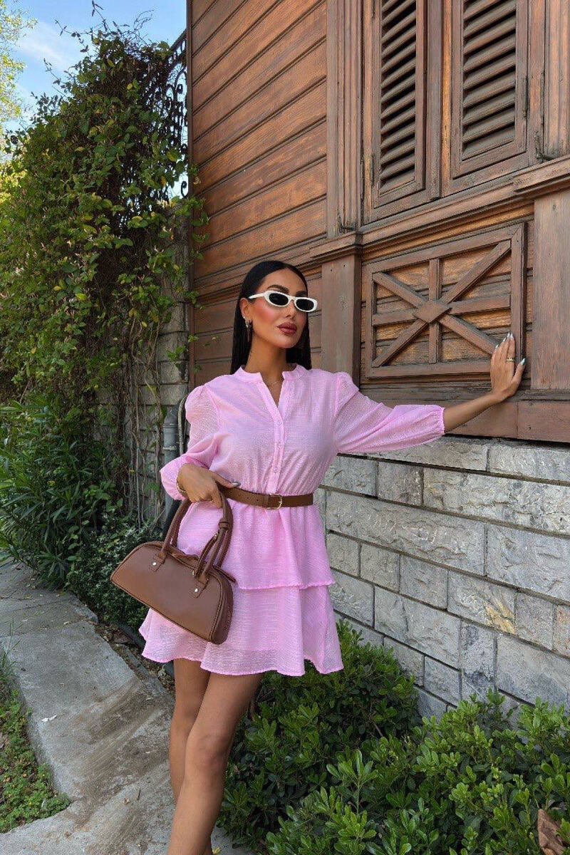 ONE COLOR BELT DETAIL WOMEN DRESS PINK/ROZE - 2