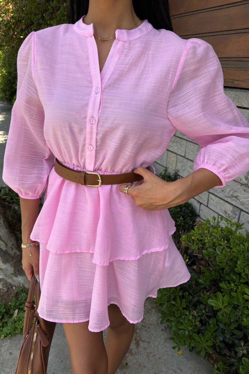 ONE COLOR BELT DETAIL WOMEN DRESS PINK/ROZE - 3
