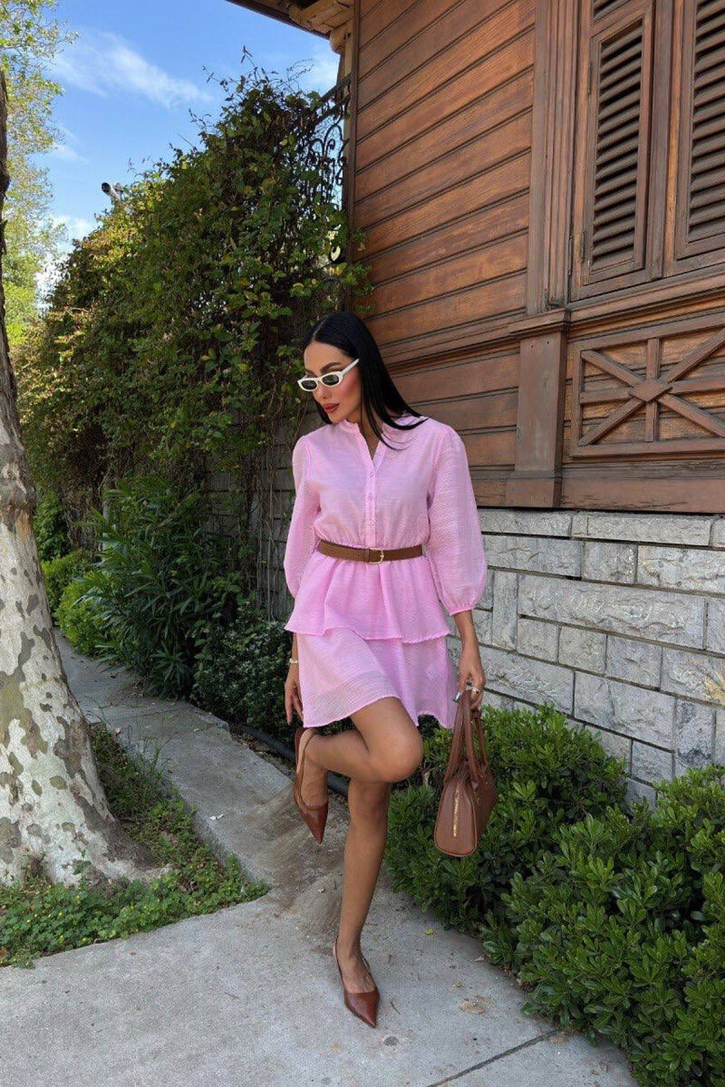 ONE COLOR BELT DETAIL WOMEN DRESS PINK/ROZE - 4