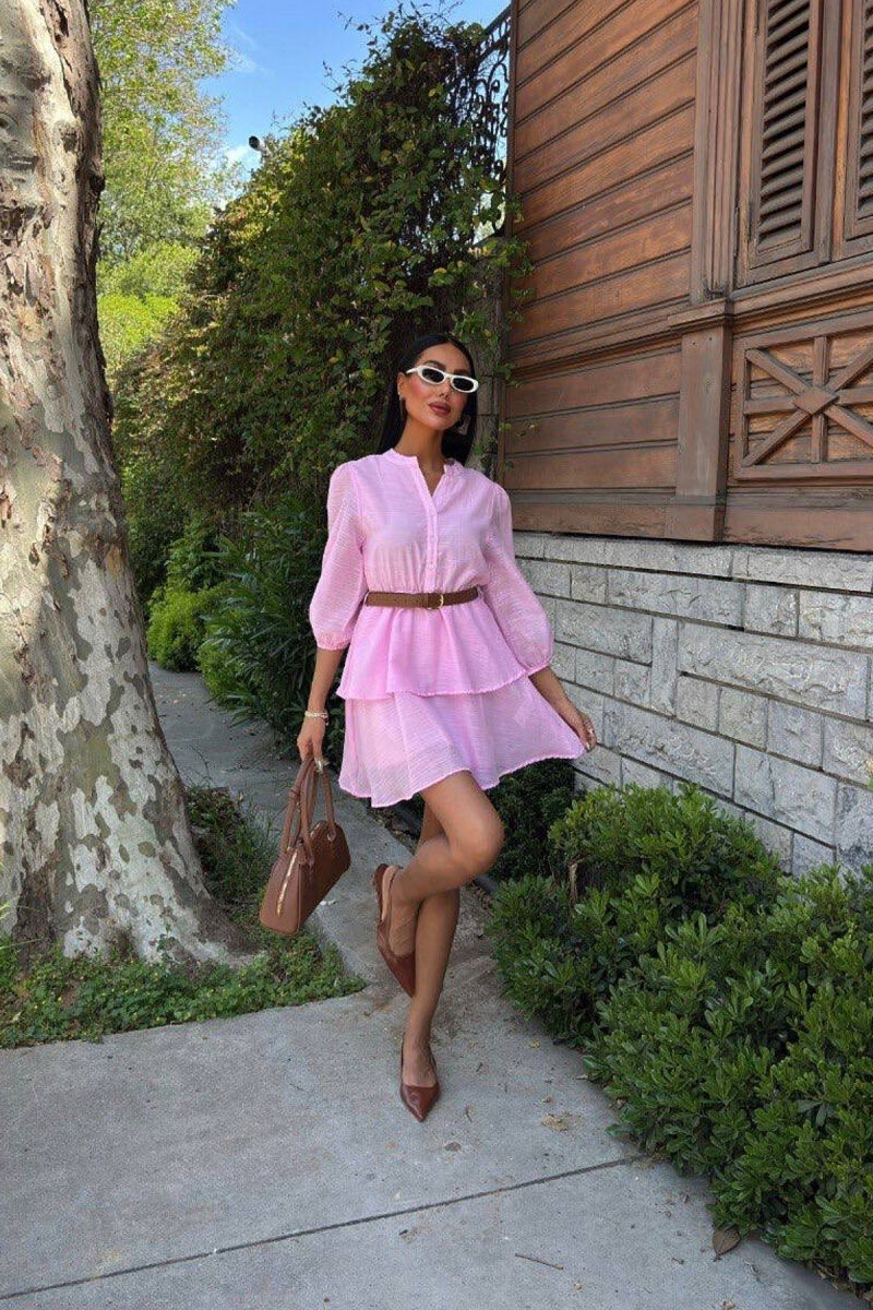 ONE COLOR BELT DETAIL WOMEN DRESS PINK/ROZE - 5