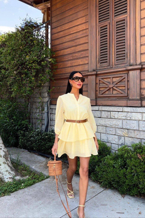ONE COLOR BELT DETAIL WOMEN DRESS YELLOW/E VERDHE 