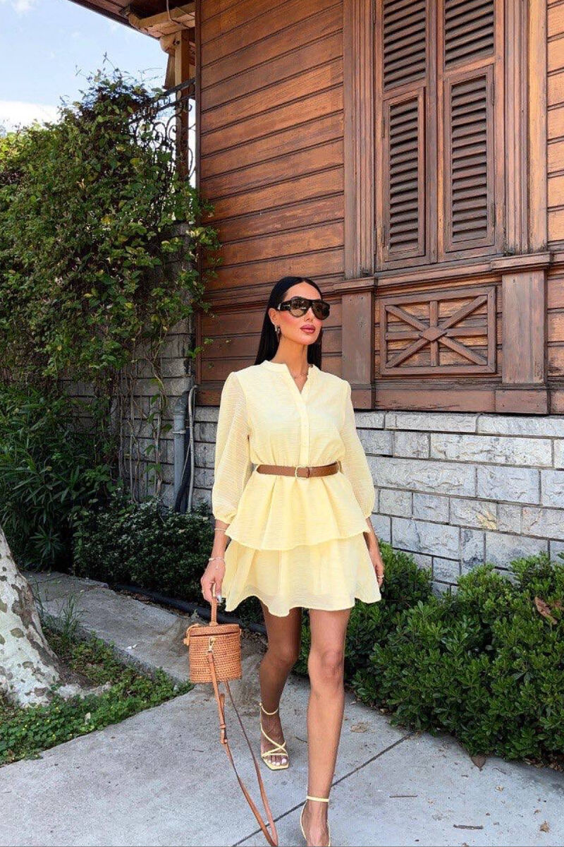ONE COLOR BELT DETAIL WOMEN DRESS YELLOW/E VERDHE - 1