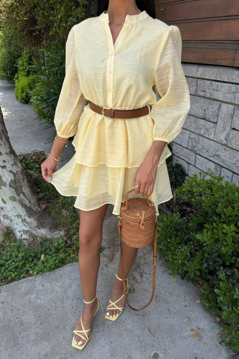 ONE COLOR BELT DETAIL WOMEN DRESS YELLOW/E VERDHE - 3