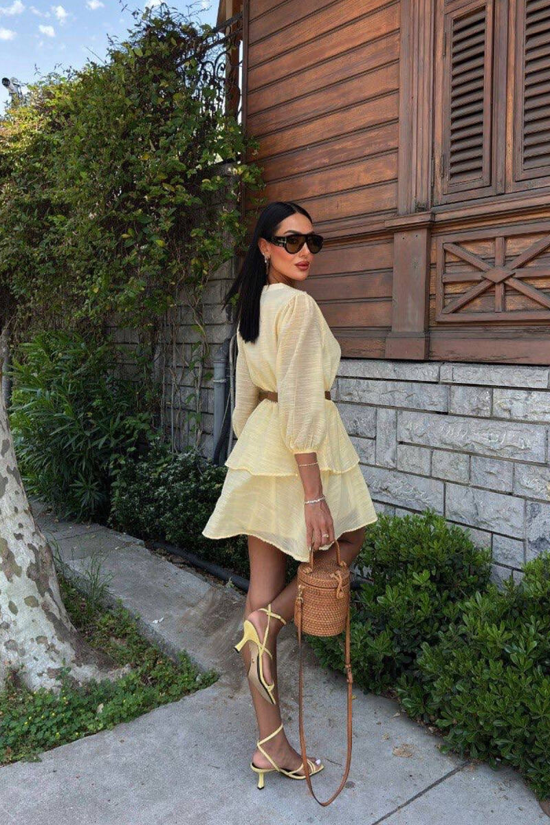 ONE COLOR BELT DETAIL WOMEN DRESS YELLOW/E VERDHE - 4