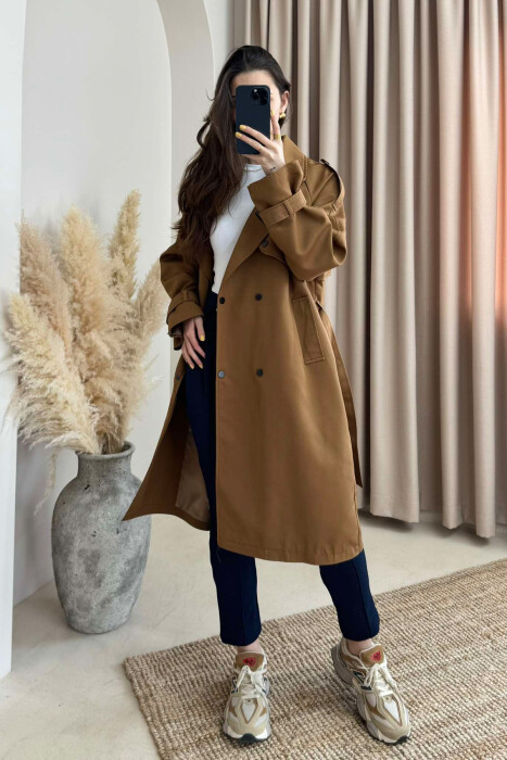 ONE COLOR BELT DETAIL WOMEN JACKET BROWN/KAFE 