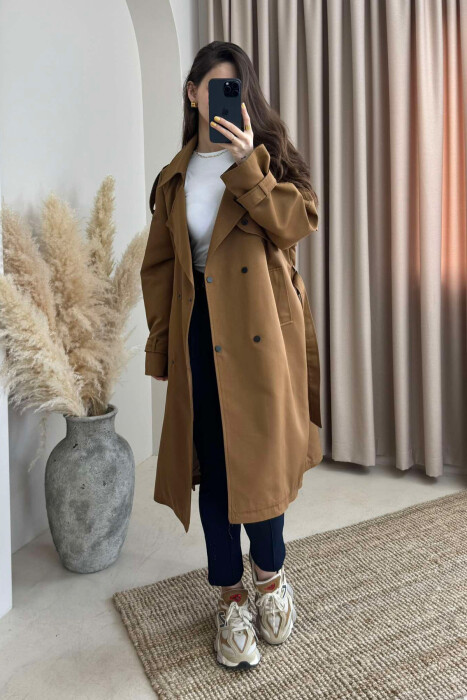 ONE COLOR BELT DETAIL WOMEN JACKET BROWN/KAFE - 2