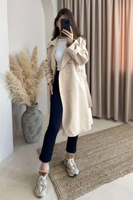 ONE COLOR BELT DETAIL WOMEN JACKET CREAM/KREM 