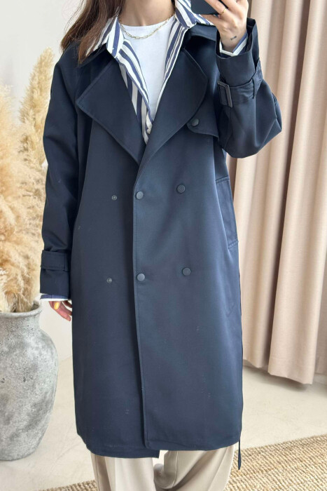 ONE COLOR BELT DETAIL WOMEN JACKET DARK BLUE/BEE - 2