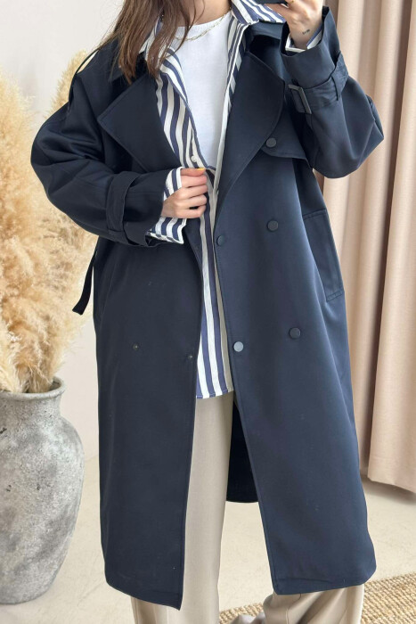 ONE COLOR BELT DETAIL WOMEN JACKET DARK BLUE/BEE - 3