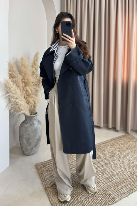 ONE COLOR BELT DETAIL WOMEN JACKET DARK BLUE/BEE - 5