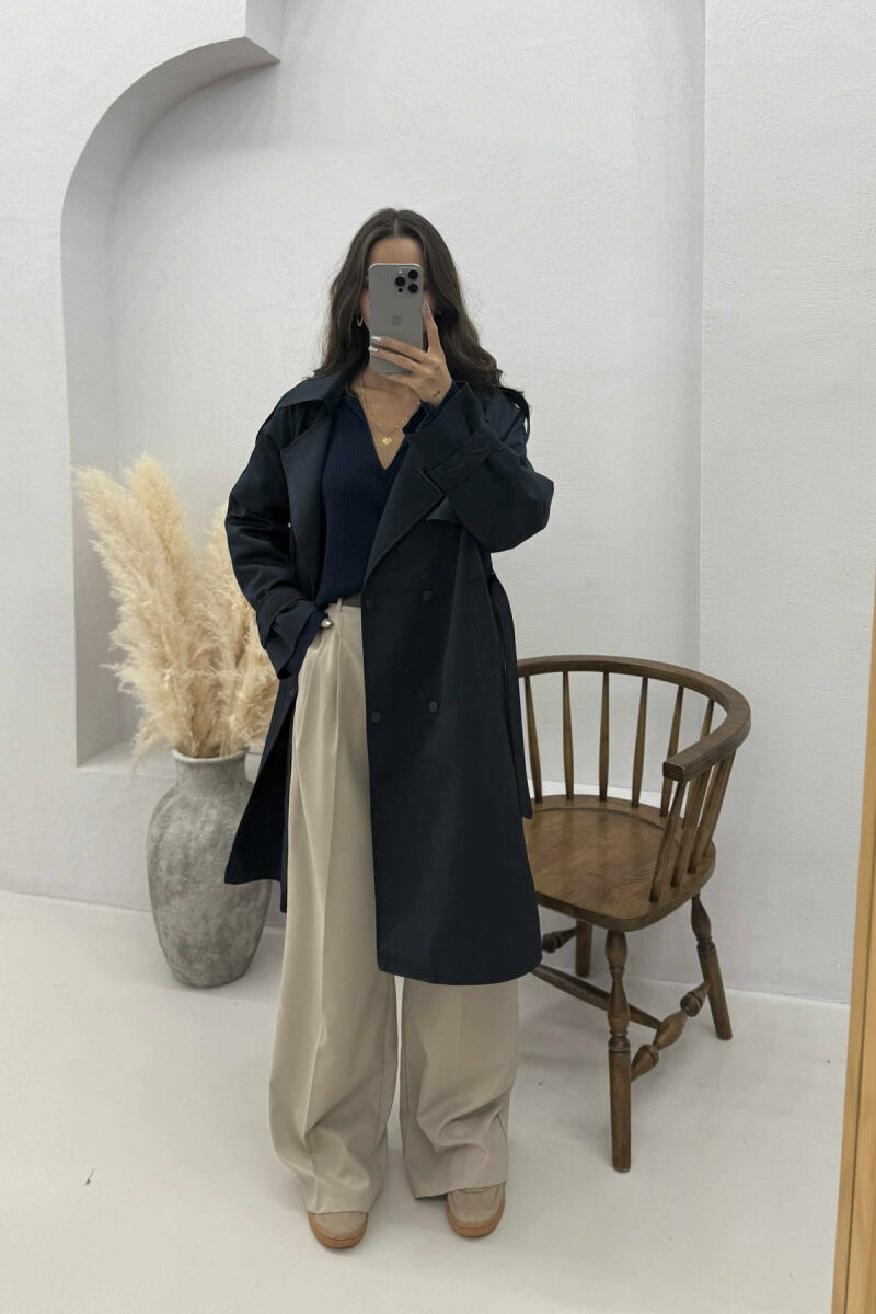 ONE COLOR BELT DETAIL WOMEN JACKET DARK BLUE/BEE - 1