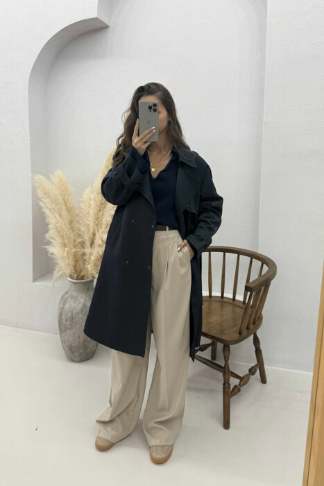 ONE COLOR BELT DETAIL WOMEN JACKET DARK BLUE/BEE - 2