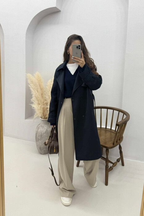 ONE COLOR BELT DETAIL WOMEN JACKET DARK BLUE/BEE - 3