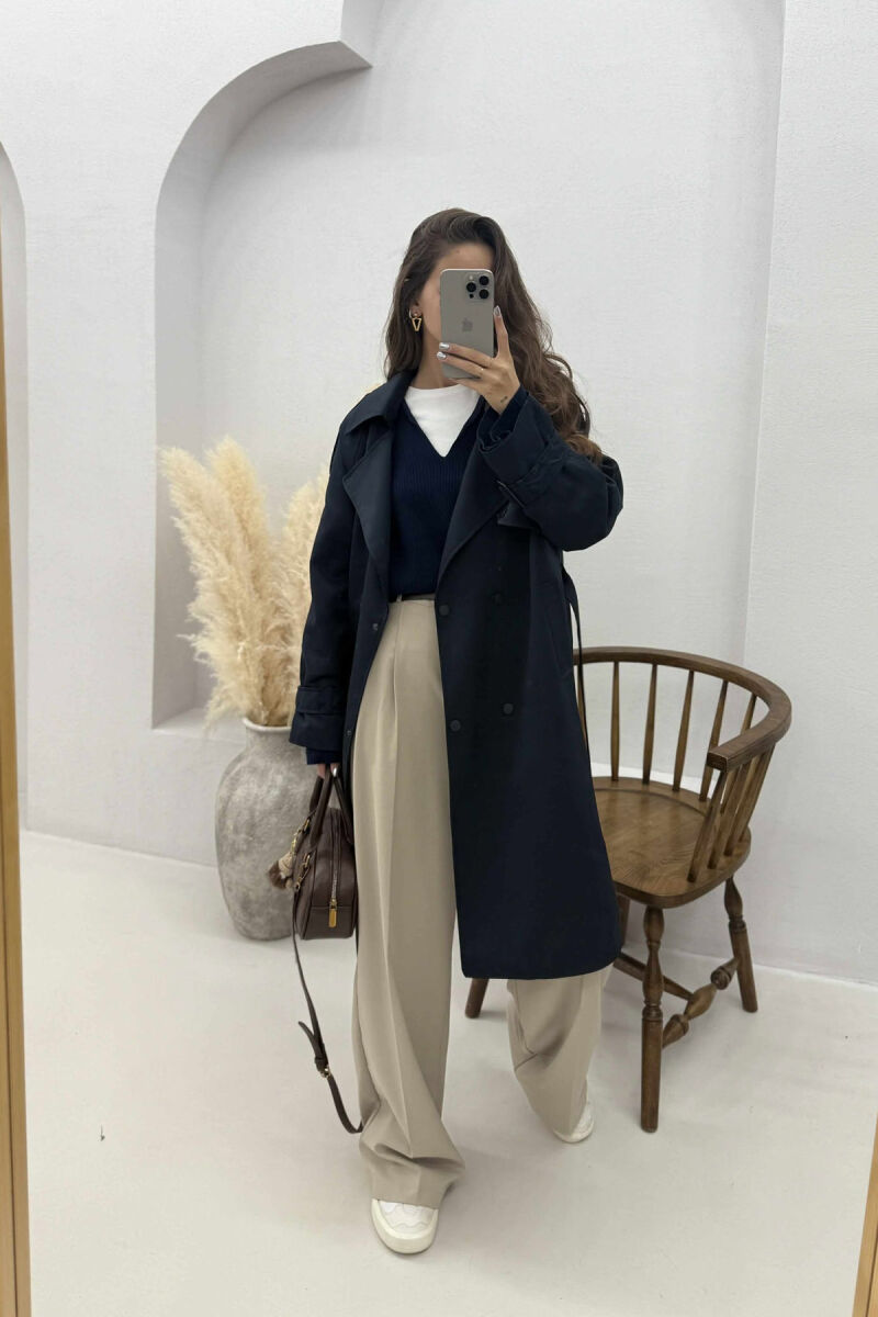 ONE COLOR BELT DETAIL WOMEN JACKET DARK BLUE/BEE - 3