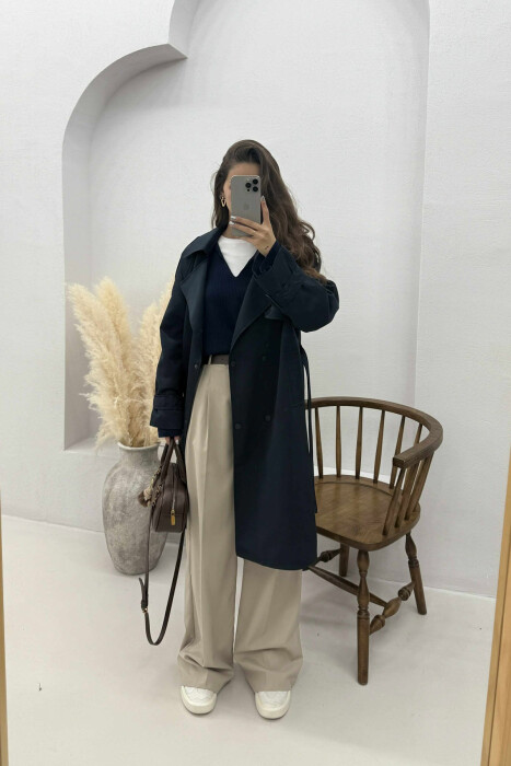 ONE COLOR BELT DETAIL WOMEN JACKET DARK BLUE/BEE - 4