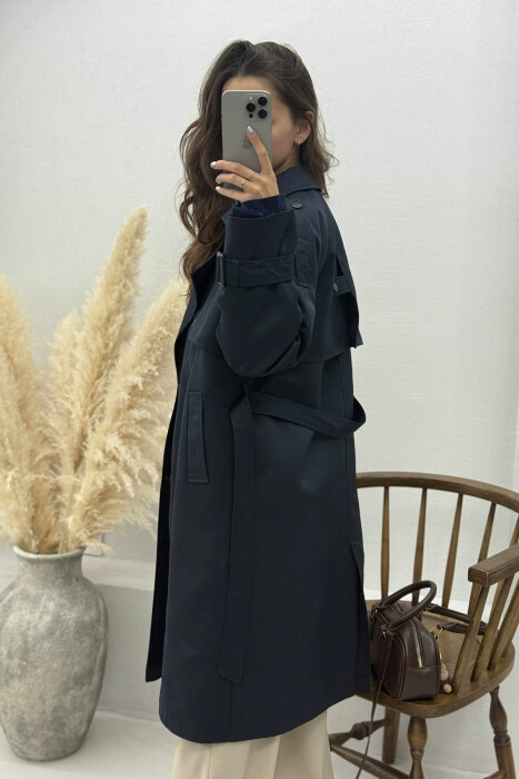 ONE COLOR BELT DETAIL WOMEN JACKET DARK BLUE/BEE - 6