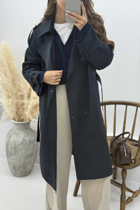 ONE COLOR BELT DETAIL WOMEN JACKET DARK BLUE/BEE - 7