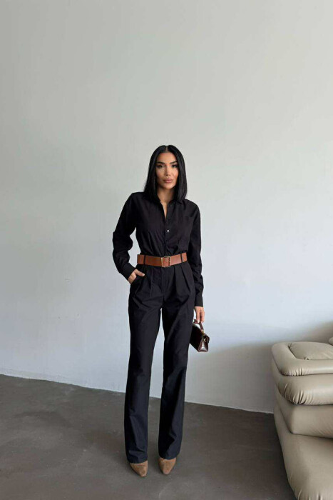 JUMPSUIT NJË NGJYRËSH ME DETAJIN E RRIPIT PËR FEMRA NË NGJYRË TË ZEZË - KLAUDIO FASHION