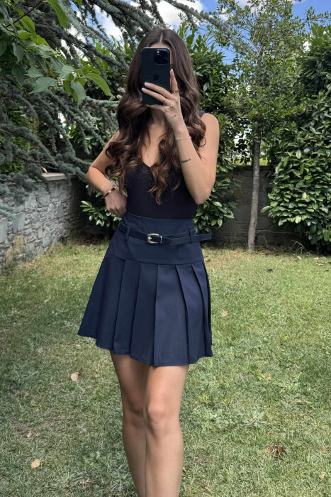 ONE COLOR BELT DETAIL WOMEN SKIRT DARK BLUE/BEE - 2