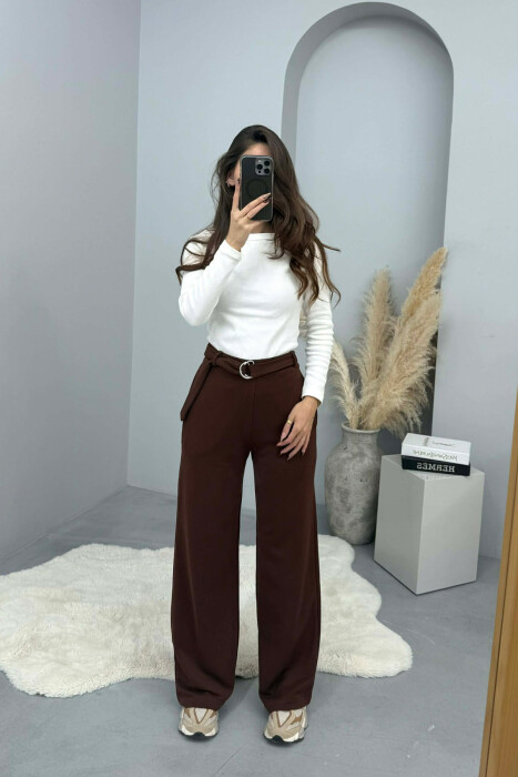 ONE COLOR BELT DETAIL WOMEN SWEATPANTS BROWN/KAFE - KLAUDIO FASHION
