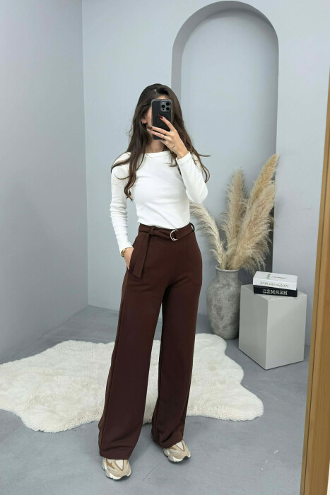 ONE COLOR BELT DETAIL WOMEN SWEATPANTS BROWN/KAFE - 2