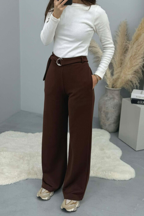 ONE COLOR BELT DETAIL WOMEN SWEATPANTS BROWN/KAFE - 3