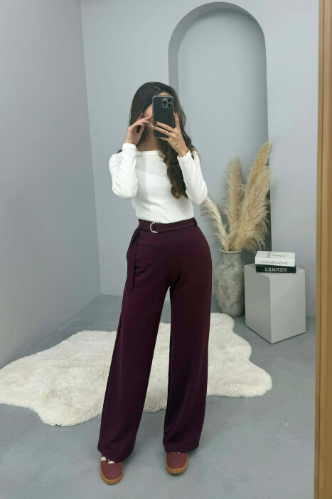 ONE COLOR BELT DETAIL WOMEN SWEATPANTS BURGUNDY/VISHNJE - KLAUDIO FASHION