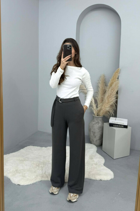 ONE COLOR BELT DETAIL WOMEN SWEATPANTS DARK GREY/GEE - KLAUDIO FASHION