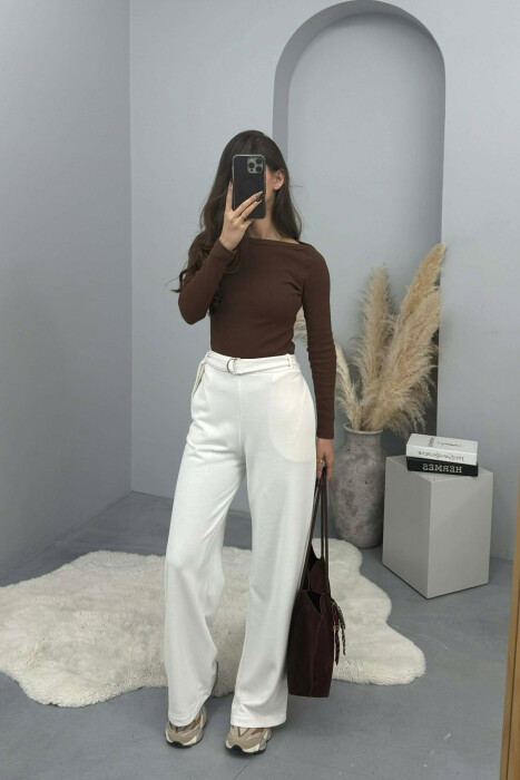 ONE COLOR BELT DETAIL WOMEN SWEATPANTS WHITE-E BARDHE - 2
