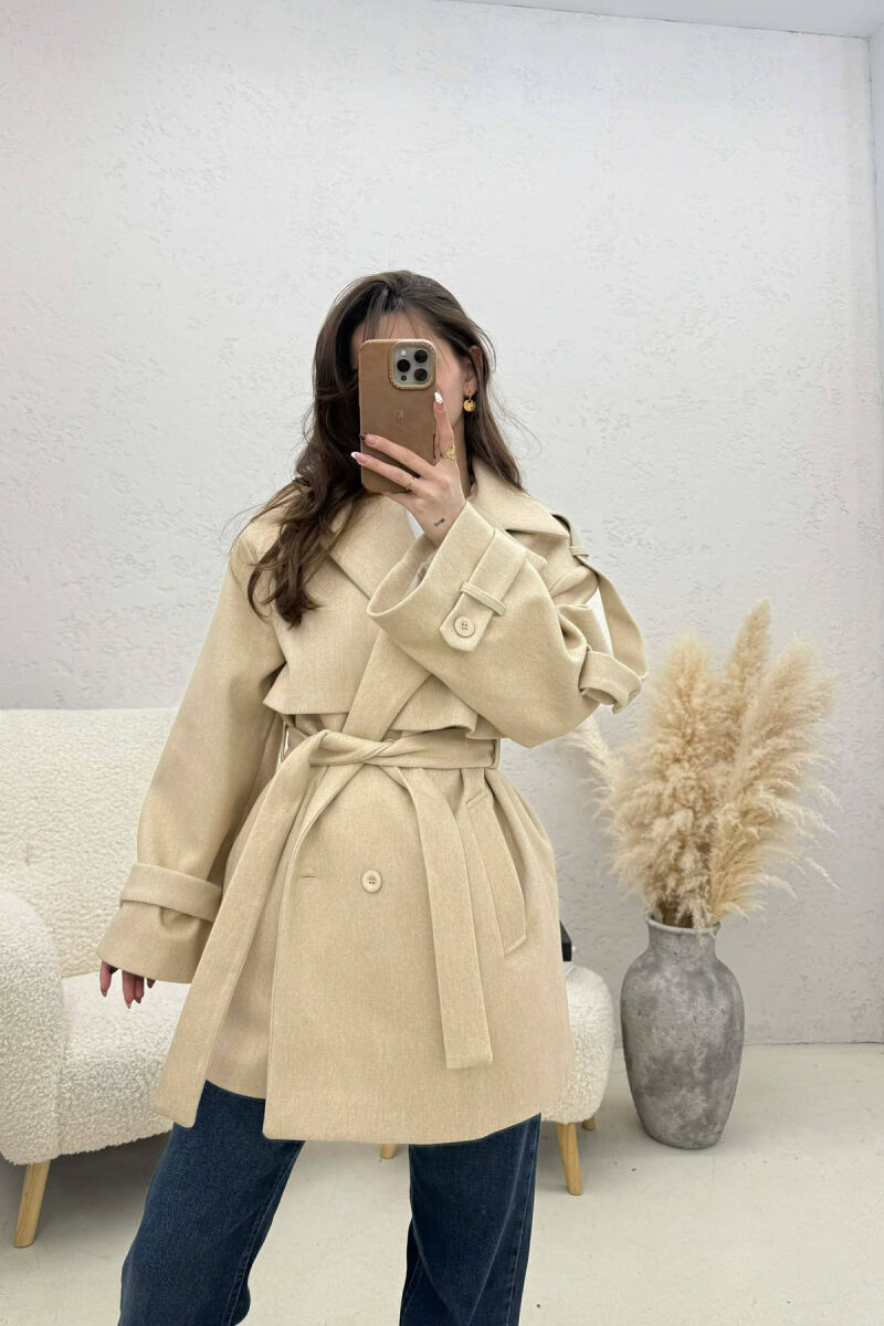 ONE COLOR BELT DETAIL WOMEN TRENCH COAT BEIGE/BEZHE - 1