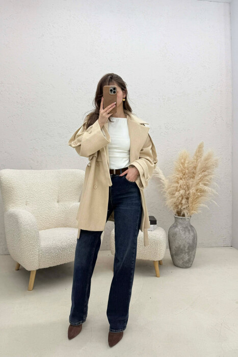 ONE COLOR BELT DETAIL WOMEN TRENCH COAT BEIGE/BEZHE - 3