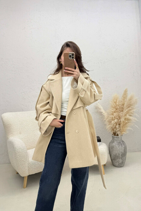 ONE COLOR BELT DETAIL WOMEN TRENCH COAT BEIGE/BEZHE - 4