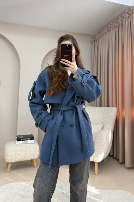 ONE COLOR BELT DETAIL WOMEN TRENCH COAT BLUE/BLU 