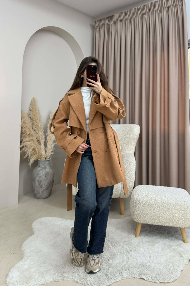 ONE COLOR BELT DETAIL WOMEN TRENCH COAT BROWN/KAFE - 1