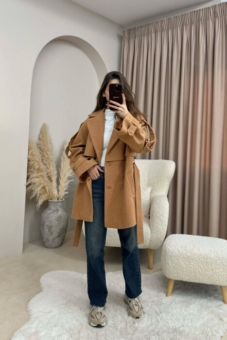 ONE COLOR BELT DETAIL WOMEN TRENCH COAT BROWN/KAFE - 2