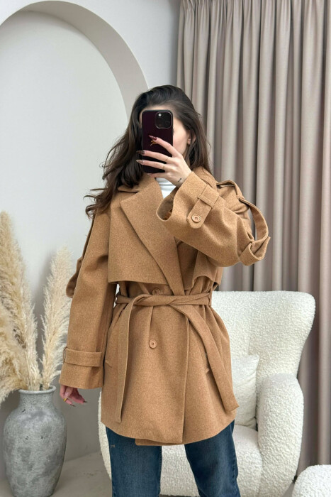 ONE COLOR BELT DETAIL WOMEN TRENCH COAT BROWN/KAFE - 3